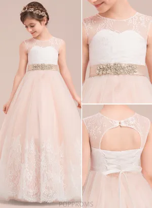 - Beading Satin/Tulle/Lace Ball-Gown/Princess Girl Dress Patti Scoop Floor-length Flower Girl Dresses Flower Neck With Sleeveless