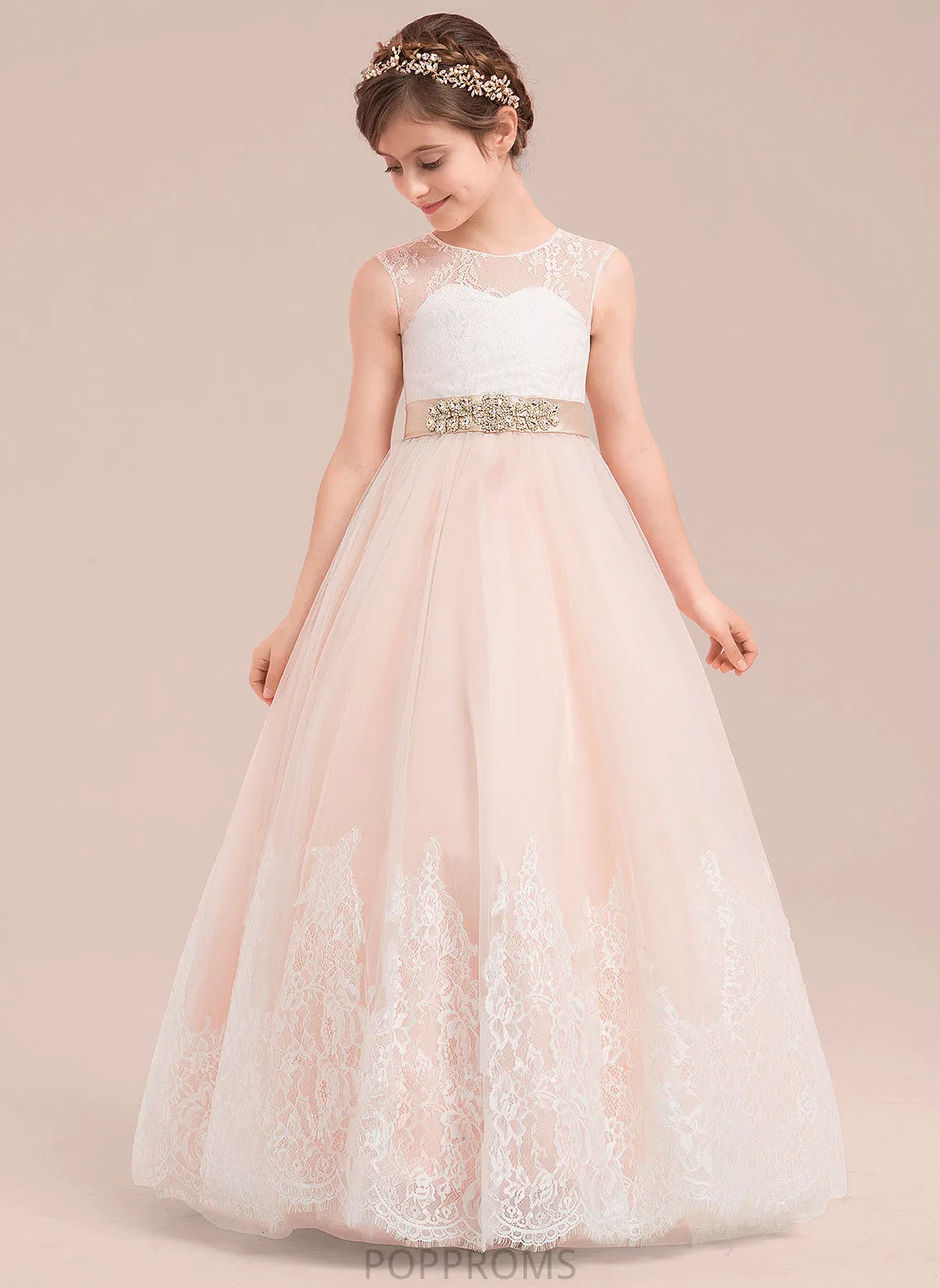 - Beading Satin/Tulle/Lace Ball-Gown/Princess Girl Dress Patti Scoop Floor-length Flower Girl Dresses Flower Neck With Sleeveless