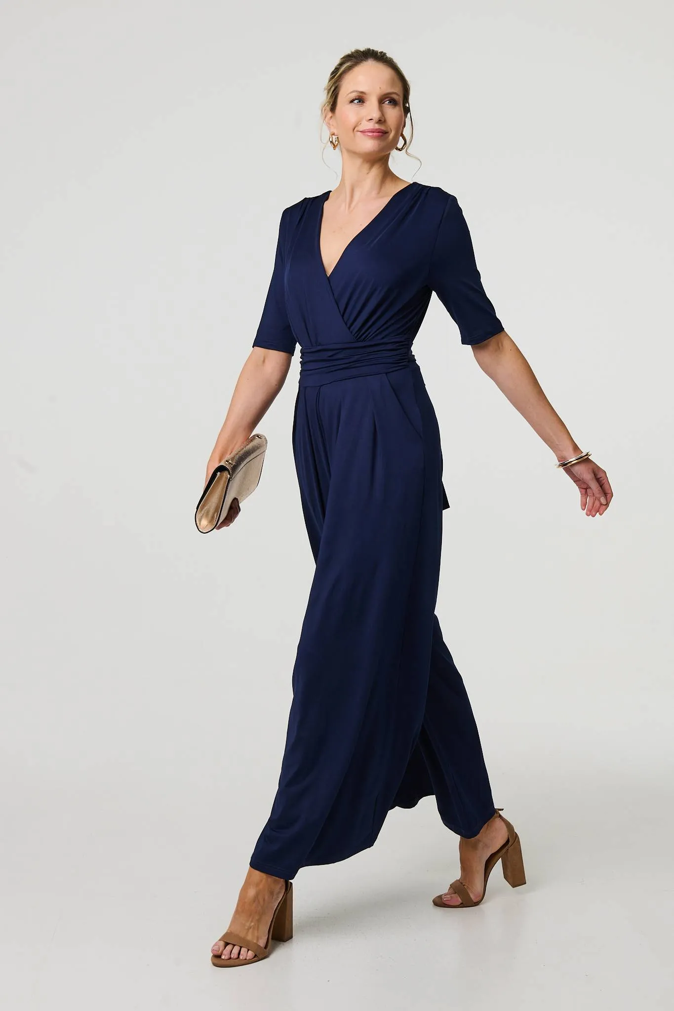 1/2 Sleeve Wrap Waist Wide Leg Jumpsuit