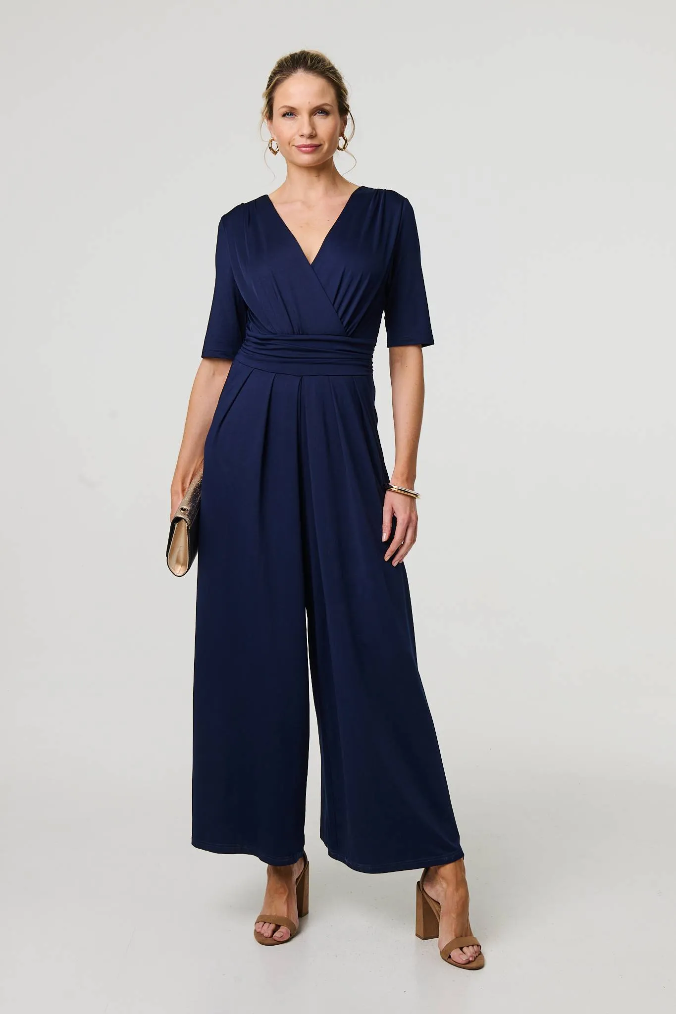 1/2 Sleeve Wrap Waist Wide Leg Jumpsuit