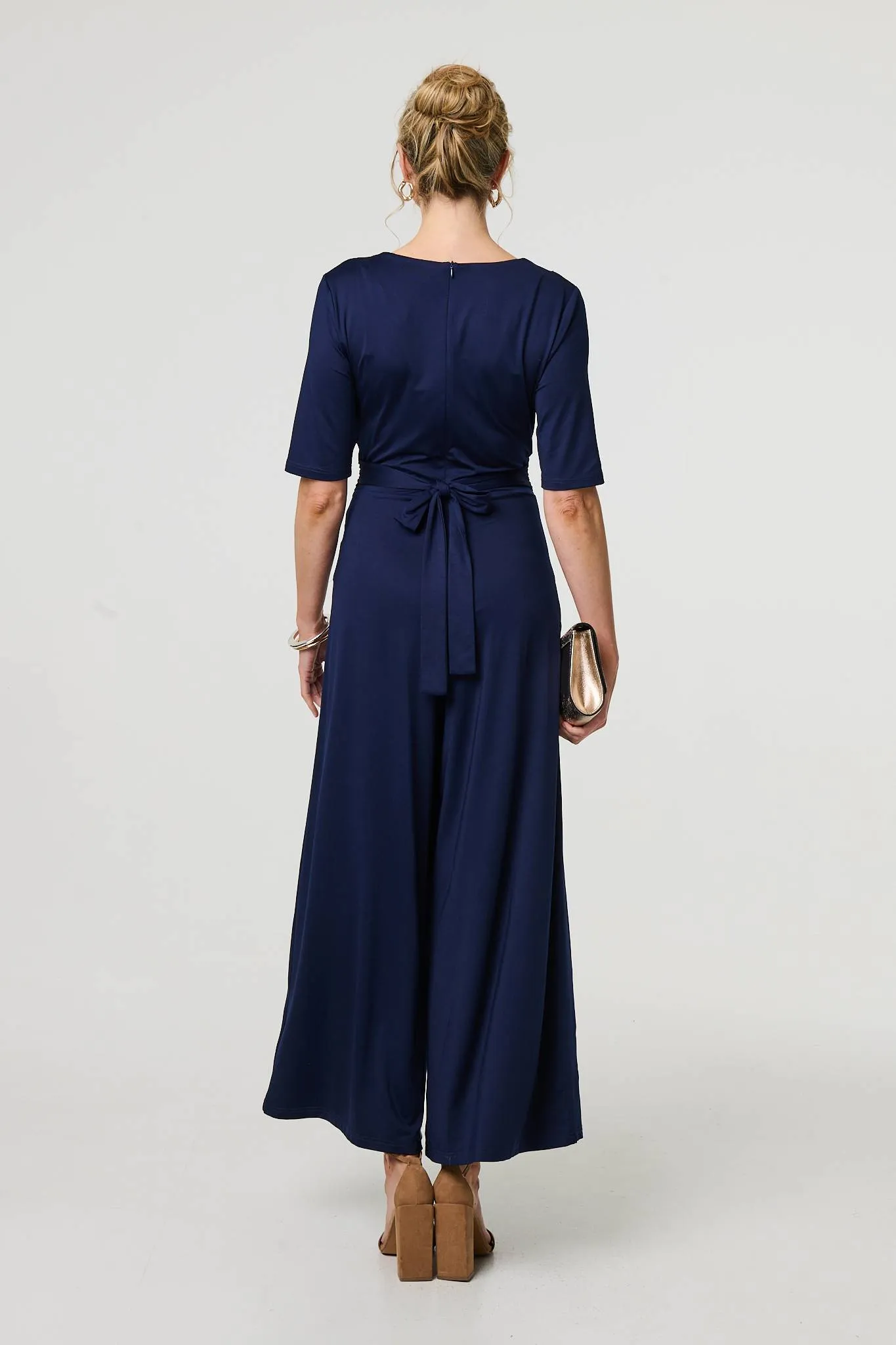 1/2 Sleeve Wrap Waist Wide Leg Jumpsuit