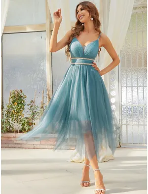 A-Line Flirty Cute Cocktail Party Dress V Neck Sleeveless Asymmetrical Tulle with Pearls Tier