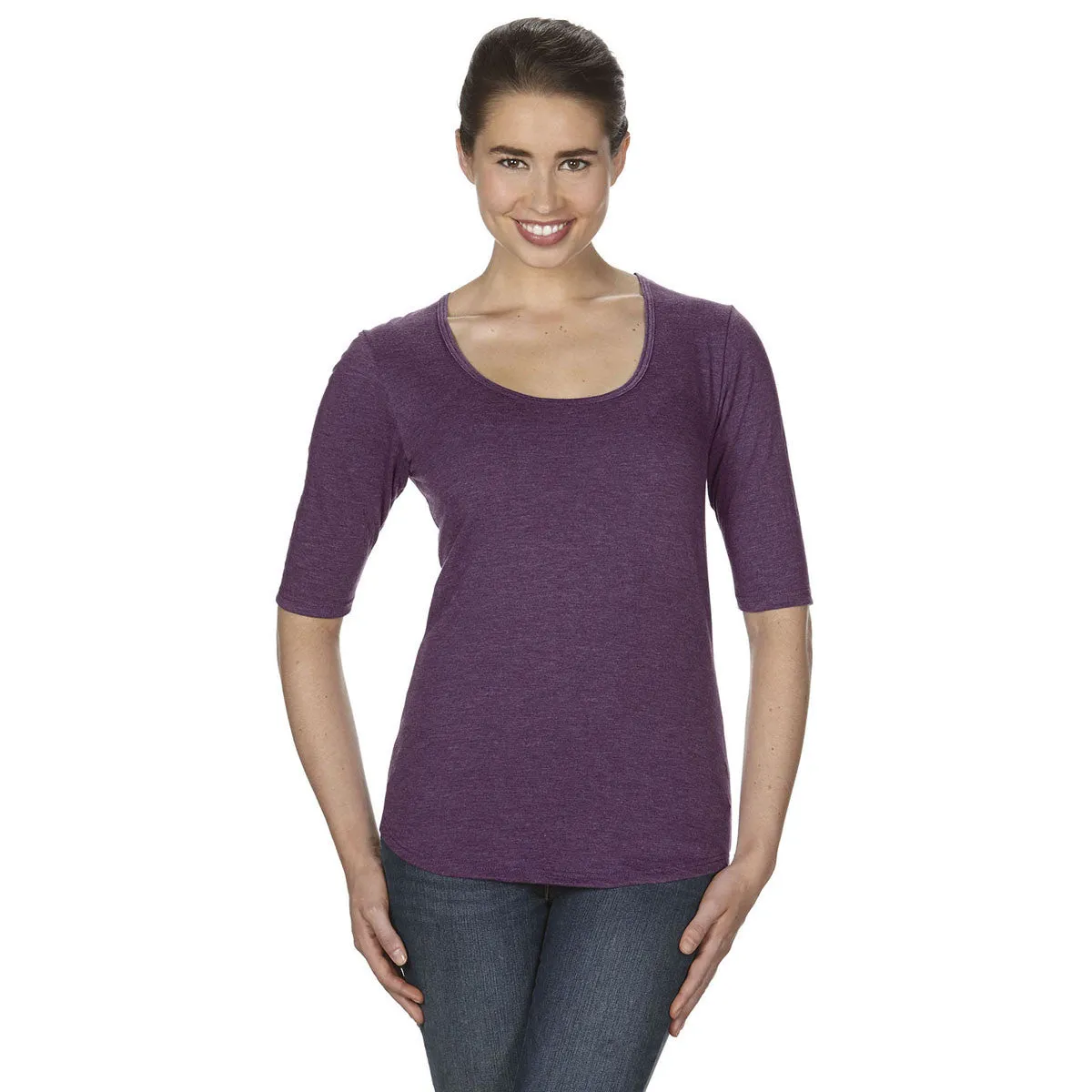 Anvil Women's Heather Aubergine Triblend Deep Scoop Half-Sleeve T-Shirt