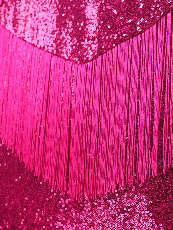 AOMEI Plus Size Fuchsia Sequin Tassel Dresses Midi