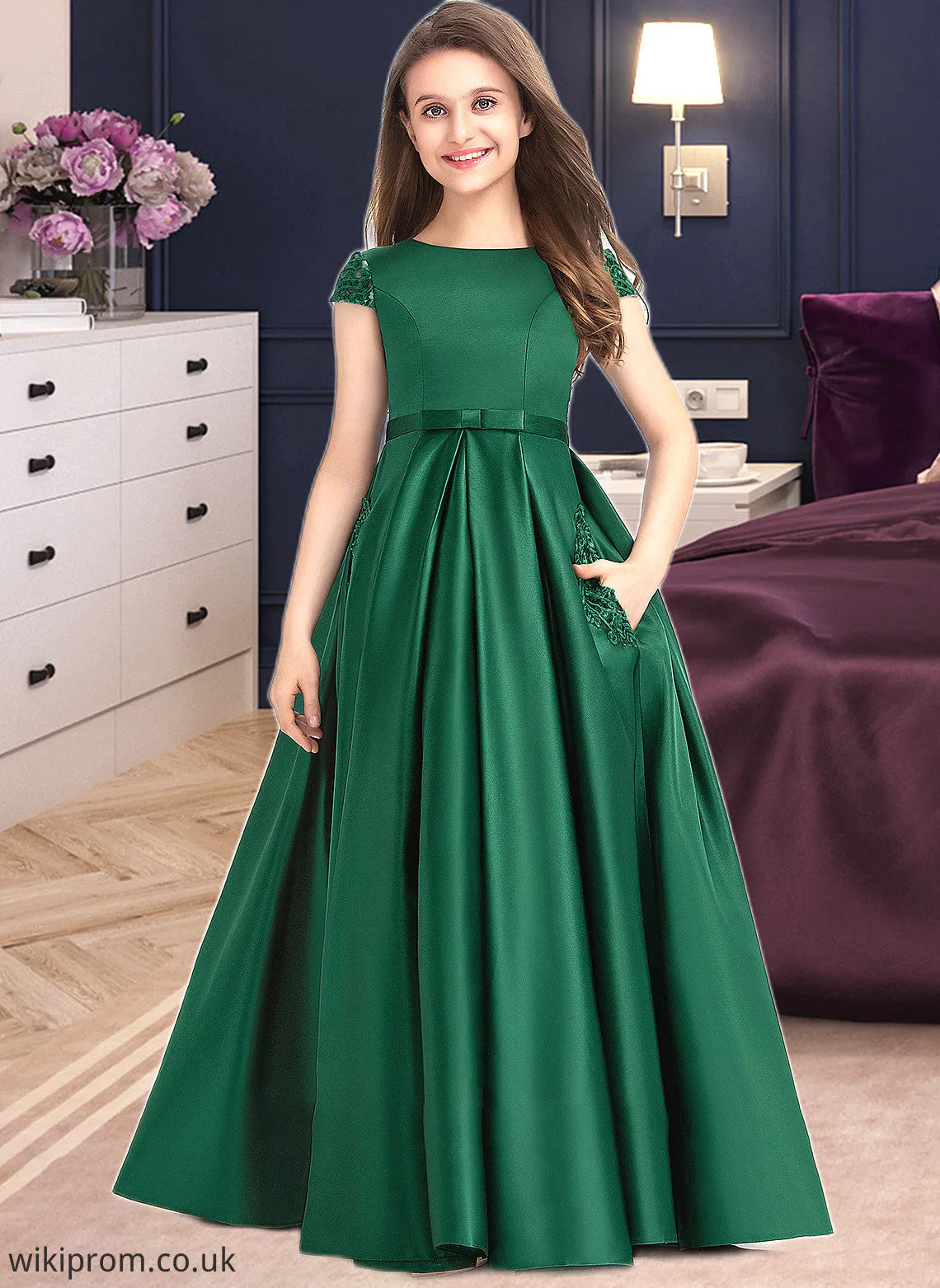 Aria Ball-Gown/Princess Scoop Neck Floor-Length Satin Lace Junior Bridesmaid Dress With Bow(s) Pockets SWKP0013311
