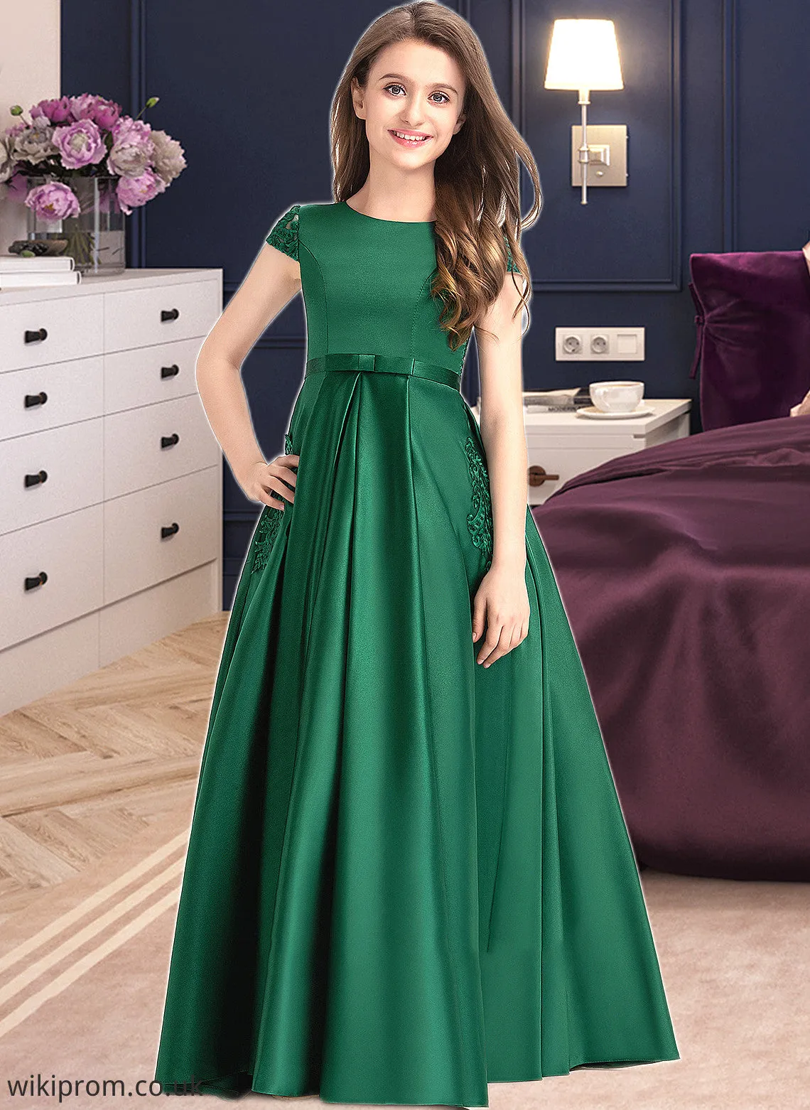 Aria Ball-Gown/Princess Scoop Neck Floor-Length Satin Lace Junior Bridesmaid Dress With Bow(s) Pockets SWKP0013311