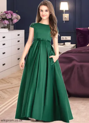Aria Ball-Gown/Princess Scoop Neck Floor-Length Satin Lace Junior Bridesmaid Dress With Bow(s) Pockets SWKP0013311