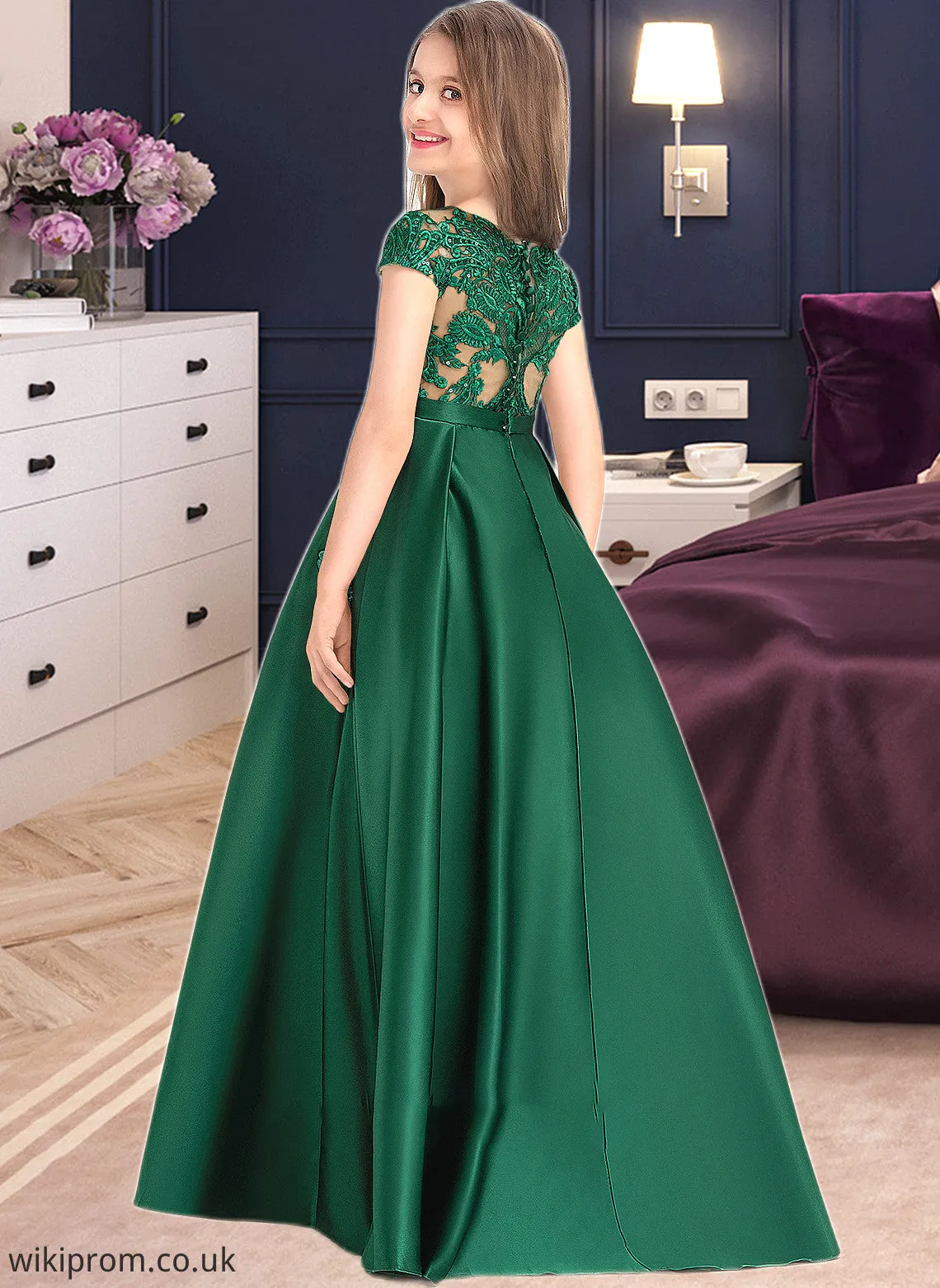 Aria Ball-Gown/Princess Scoop Neck Floor-Length Satin Lace Junior Bridesmaid Dress With Bow(s) Pockets SWKP0013311