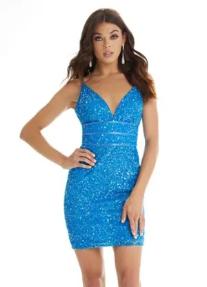 Ashley Lauren 4407 Size 2, 8 Iridescent Blue Cocktail Dress sequins v neckline homecoming dress