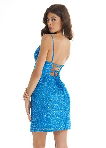 Ashley Lauren 4407 Size 2, 8 Iridescent Blue Cocktail Dress sequins v neckline homecoming dress