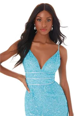 Ashley Lauren 4407 Size 2, 8 Iridescent Blue Cocktail Dress sequins v neckline homecoming dress