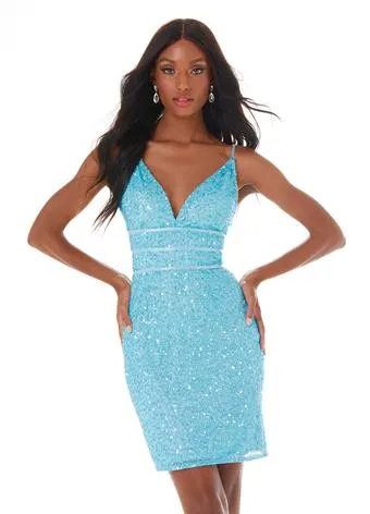 Ashley Lauren 4407 Size 2, 8 Iridescent Blue Cocktail Dress sequins v neckline homecoming dress