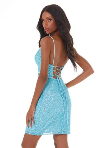 Ashley Lauren 4407 Size 2, 8 Iridescent Blue Cocktail Dress sequins v neckline homecoming dress