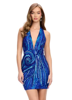 Ashley Lauren 4791 Size 2 Royal Halter Formal Cocktail Dress Sequins Homecoming Backless Short Gown