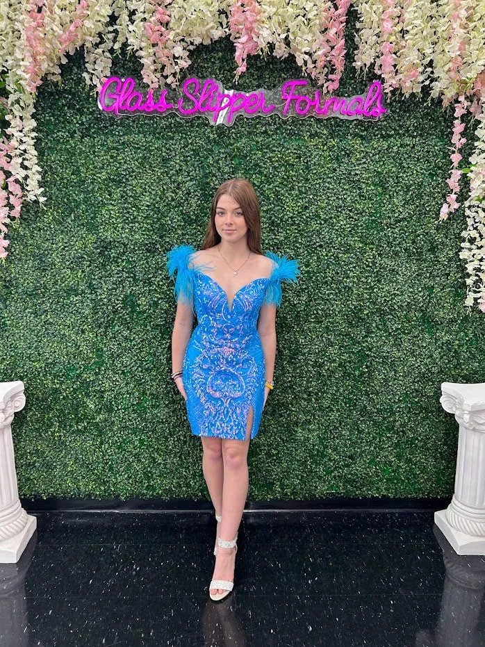 Ava Presley 28212 Size 4 Ocean Blue Homecoming Dress size 4 Fitted Sequin Cocktail Gown off the Shoulder Feather