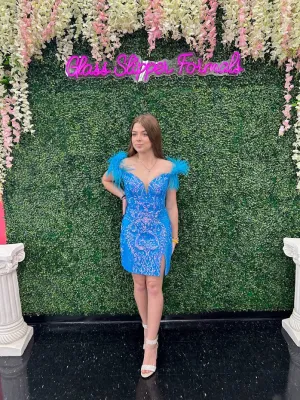 Ava Presley 28212 Size 4 Ocean Blue Homecoming Dress size 4 Fitted Sequin Cocktail Gown off the Shoulder Feather