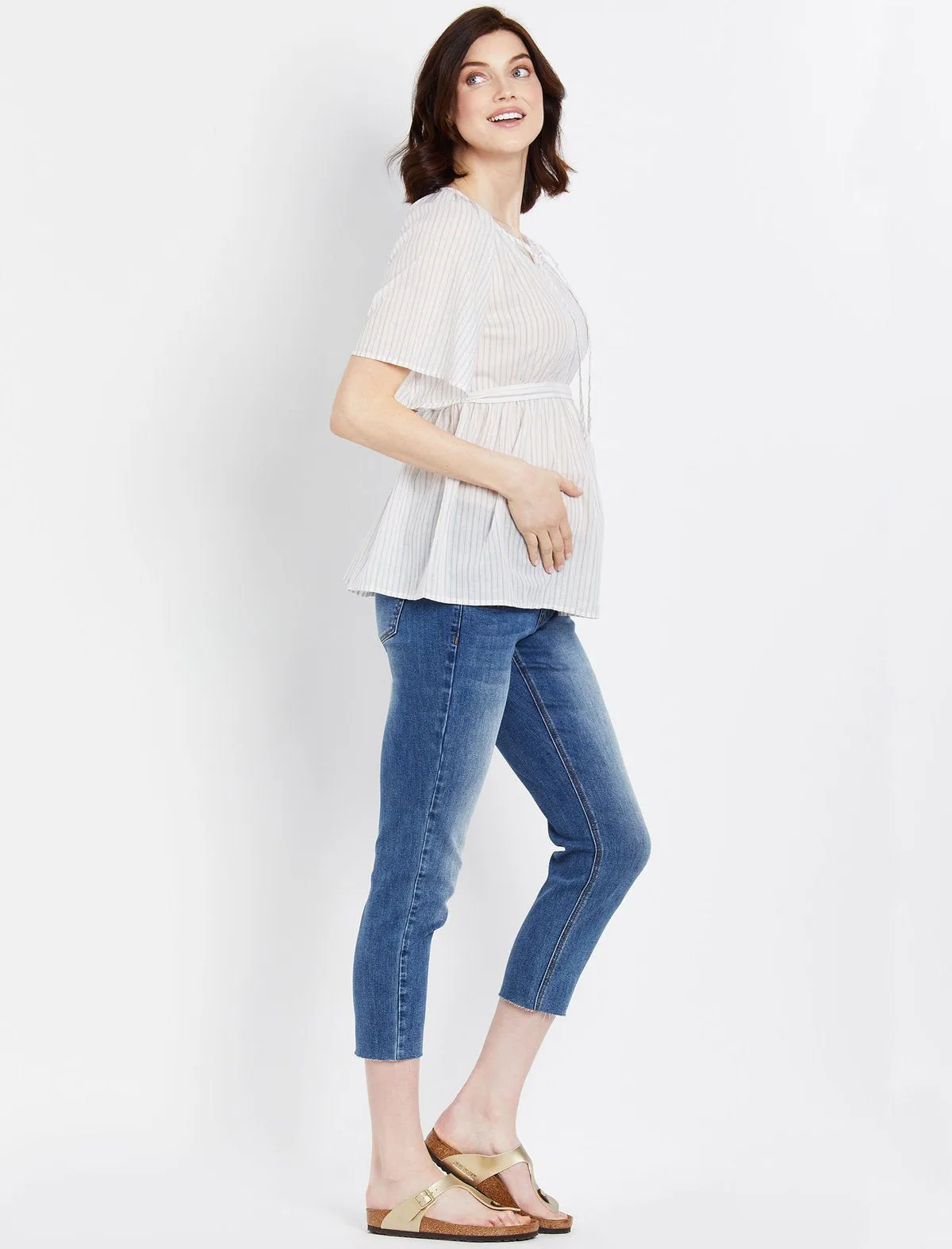 Babydoll Maternity Blouse in White Stripe