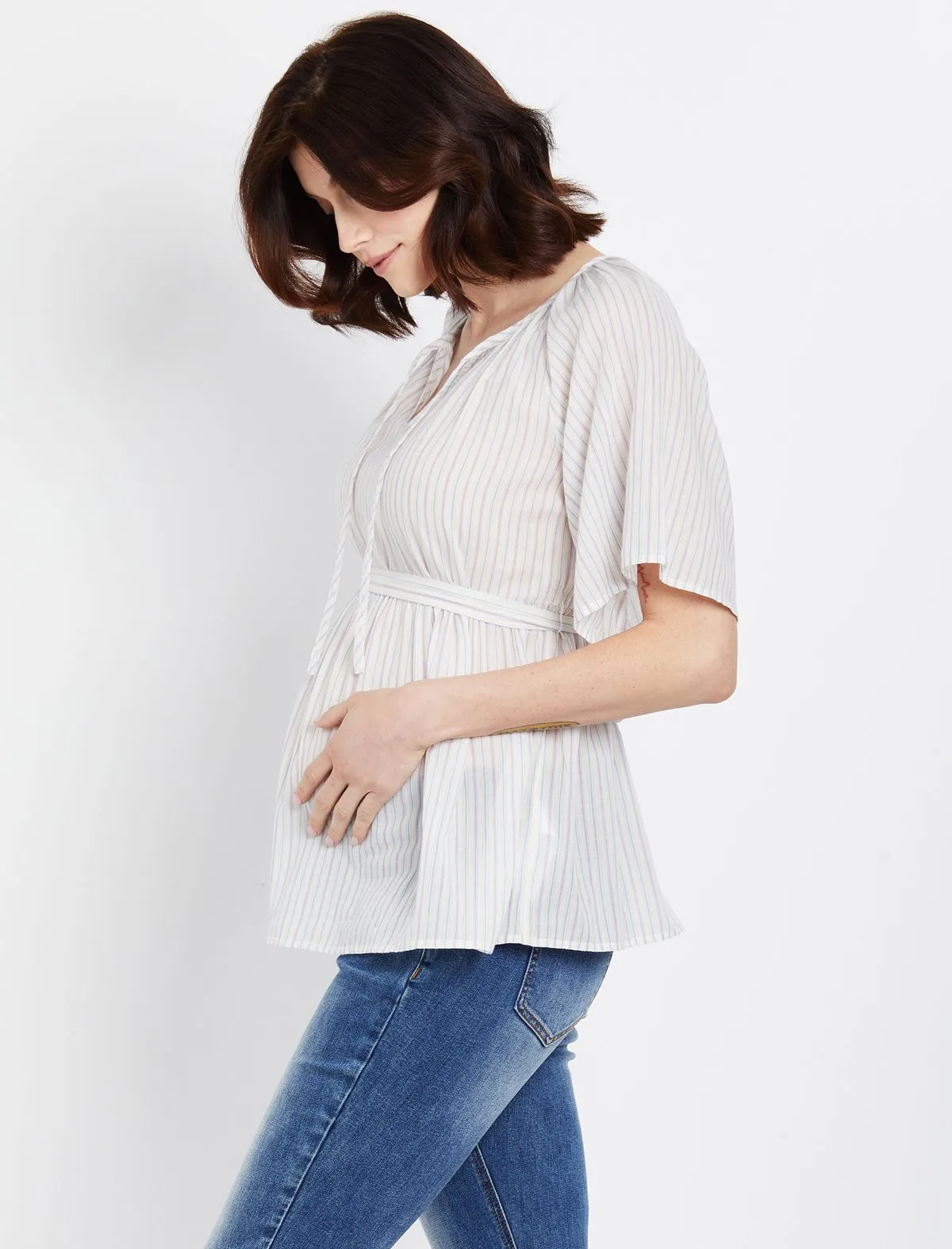 Babydoll Maternity Blouse in White Stripe