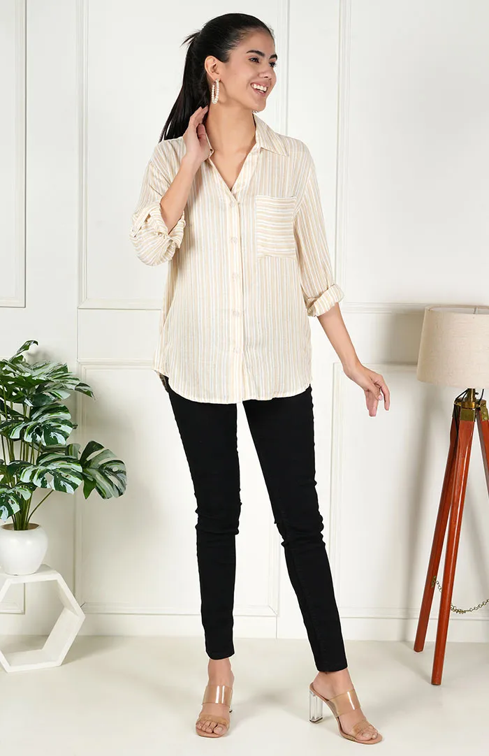 Beige Striped Casual Long Sleeve Stylish V-Neck Shirts with Pocket