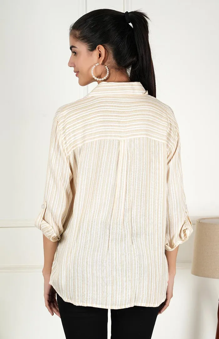 Beige Striped Casual Long Sleeve Stylish V-Neck Shirts with Pocket