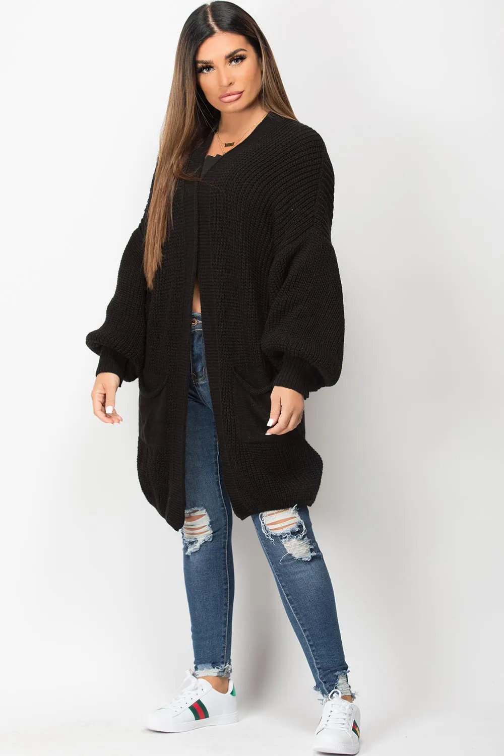 Black Long Cardigan Oversized Balloon Sleeve