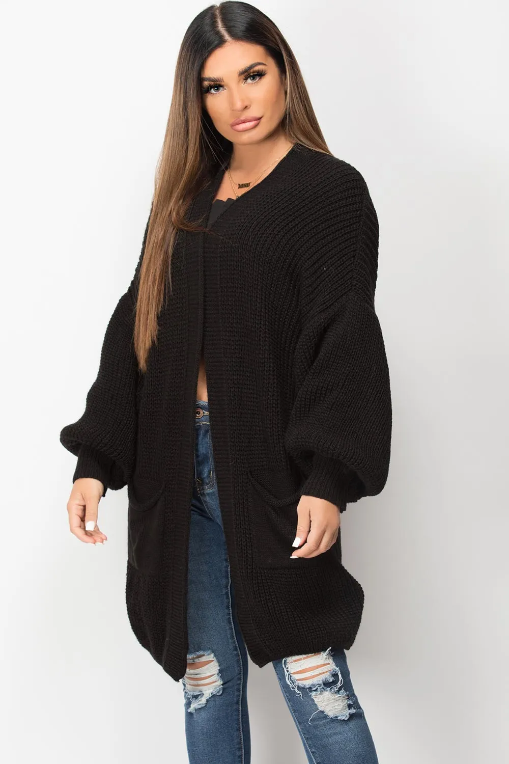 Black Long Cardigan Oversized Balloon Sleeve
