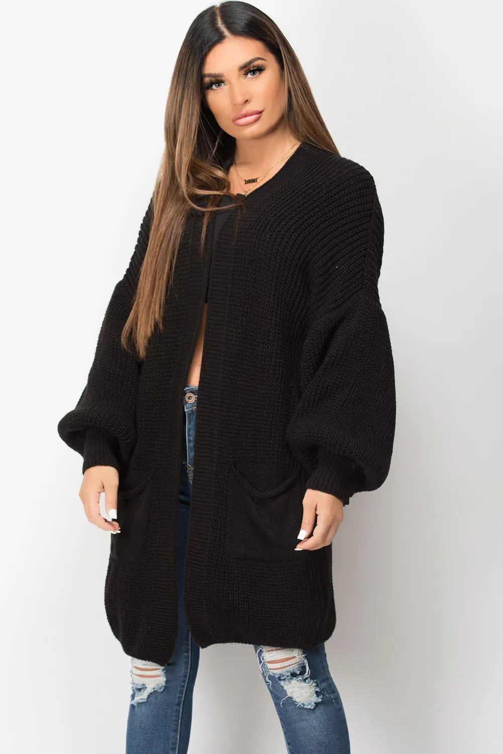 Black Long Cardigan Oversized Balloon Sleeve