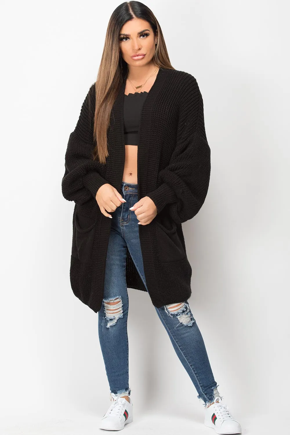 Black Long Cardigan Oversized Balloon Sleeve