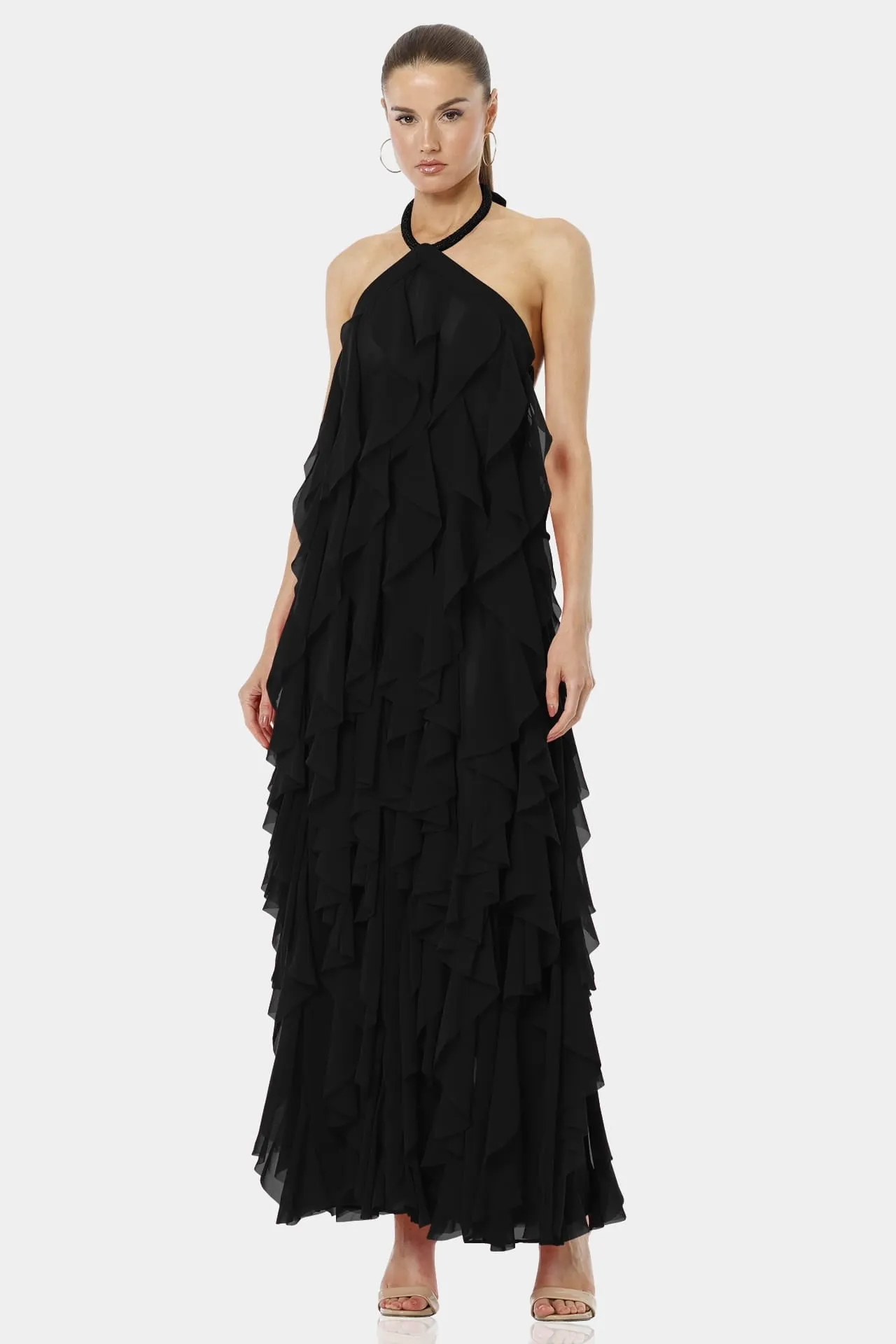 Black Tiered Halter Neckline Dress