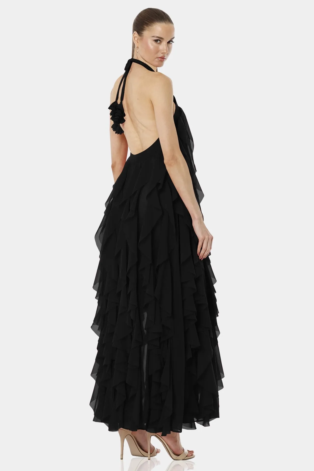 Black Tiered Halter Neckline Dress