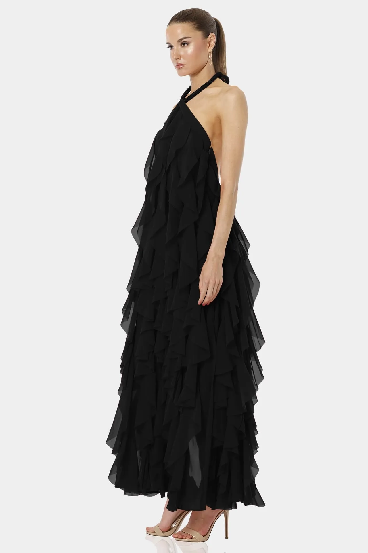 Black Tiered Halter Neckline Dress