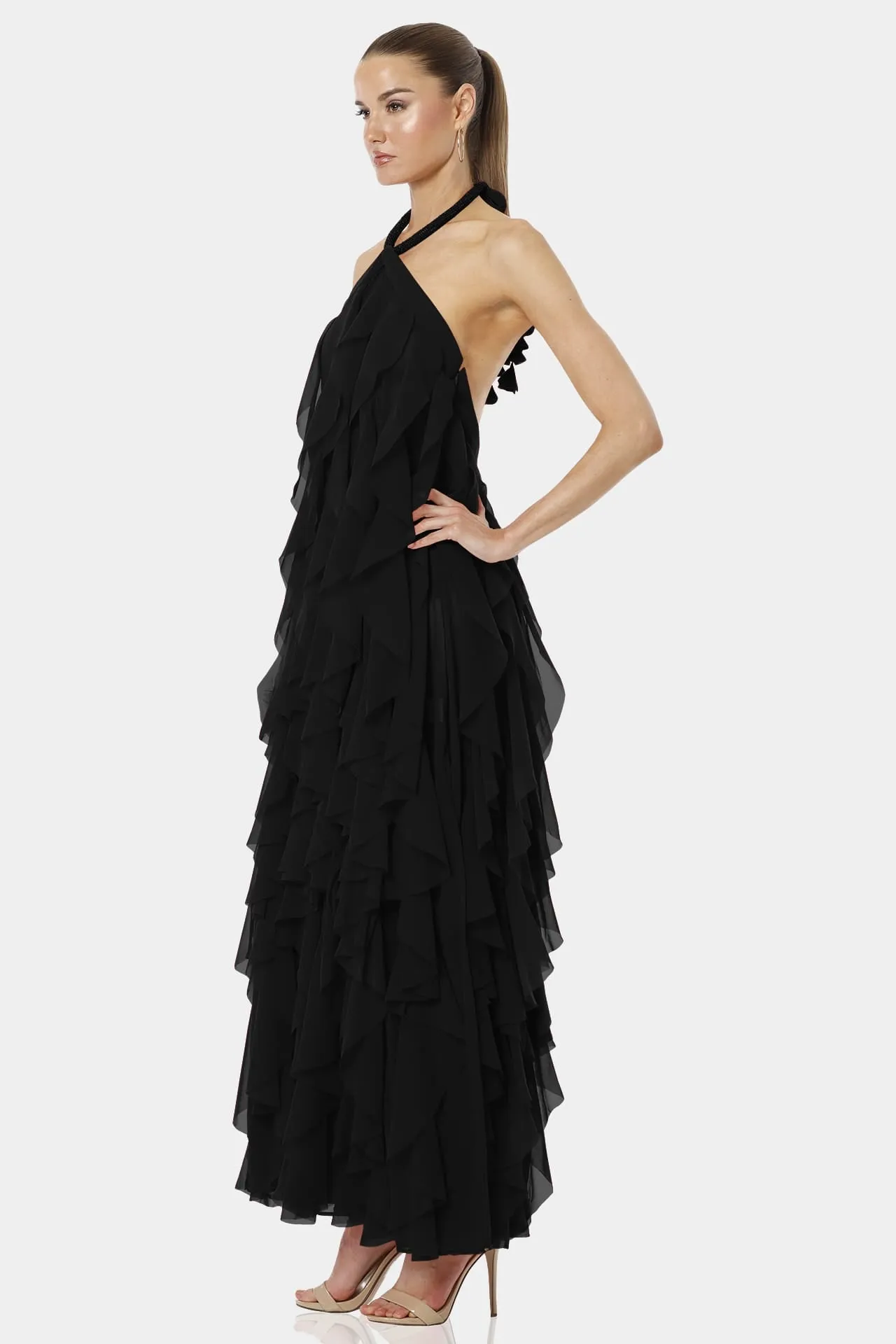 Black Tiered Halter Neckline Dress