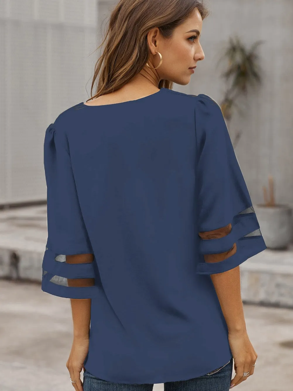 Blue Sheer Insert V Neck Blouse with Flare Sleeves