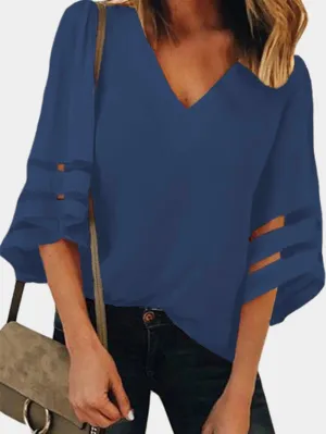 Blue Sheer Insert V Neck Blouse with Flare Sleeves