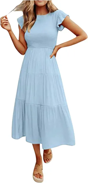 Boho Dresses for Women 2025 Crew Neck Casual Dress Beach Short Sleeve Midi Dress Flowy Vacation Dresses Trendy