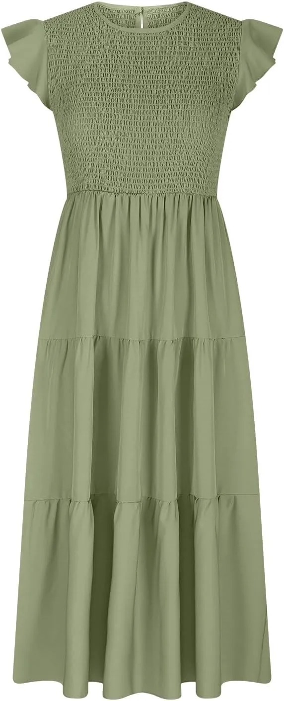 Boho Dresses for Women 2025 Crew Neck Casual Dress Beach Short Sleeve Midi Dress Flowy Vacation Dresses Trendy