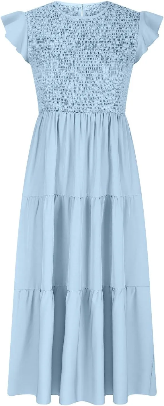 Boho Dresses for Women 2025 Crew Neck Casual Dress Beach Short Sleeve Midi Dress Flowy Vacation Dresses Trendy