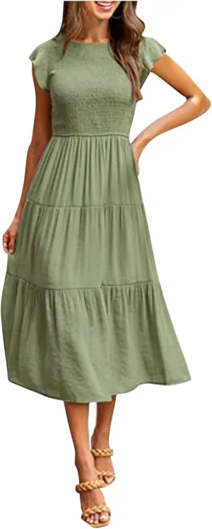 Boho Dresses for Women 2025 Crew Neck Casual Dress Beach Short Sleeve Midi Dress Flowy Vacation Dresses Trendy