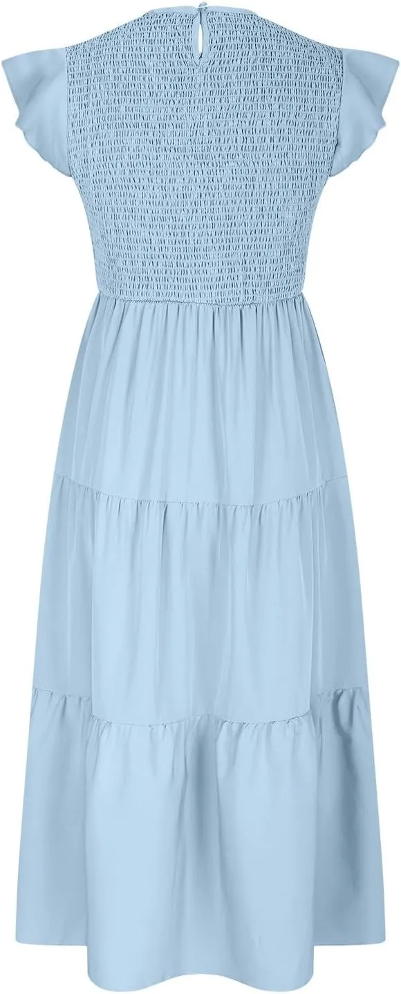 Boho Dresses for Women 2025 Crew Neck Casual Dress Beach Short Sleeve Midi Dress Flowy Vacation Dresses Trendy