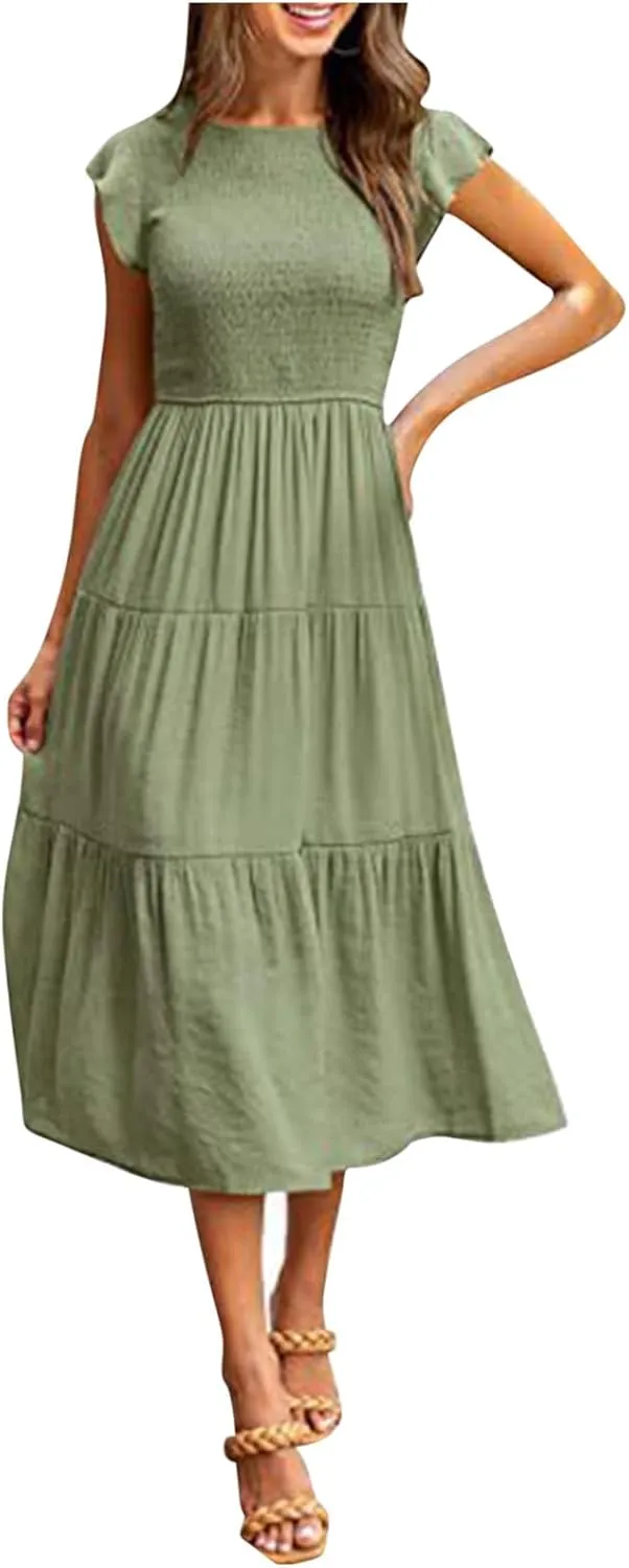 Boho Dresses for Women 2025 Crew Neck Casual Dress Beach Short Sleeve Midi Dress Flowy Vacation Dresses Trendy