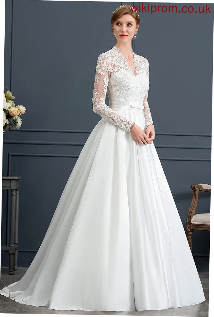 Bow(s) With Train Kaelyn Court Dress V-neck Wedding Ball-Gown/Princess Wedding Dresses Satin