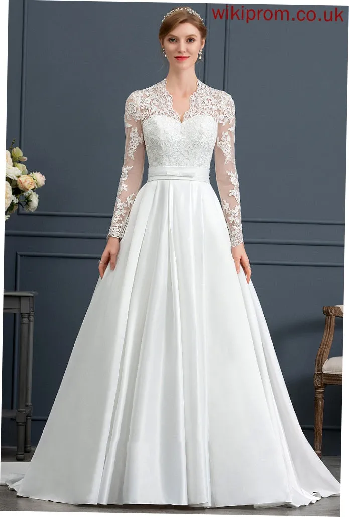 Bow(s) With Train Kaelyn Court Dress V-neck Wedding Ball-Gown/Princess Wedding Dresses Satin