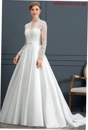 Bow(s) With Train Kaelyn Court Dress V-neck Wedding Ball-Gown/Princess Wedding Dresses Satin