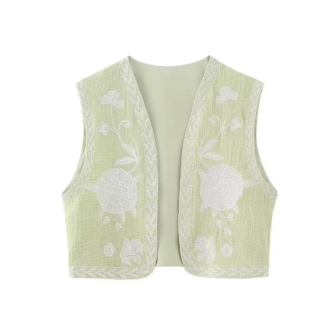 Camille Embroidered Vest - Green