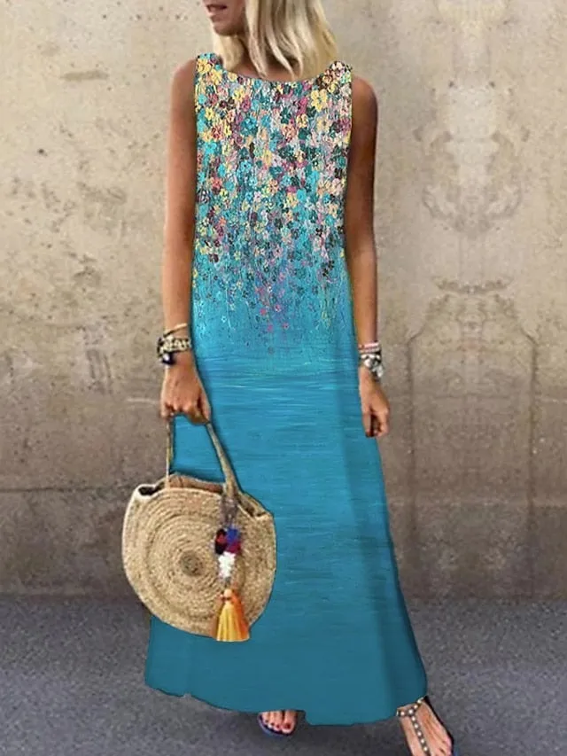 Casual Dress Shift Dress Floral Dress Long Dress Maxi Dress Light Green Blue Green Sleeveless Floral Print Spring Summer Crew Neck Basic Daily Weekend Summer Dress  S M L XL XXL 3XL for Women