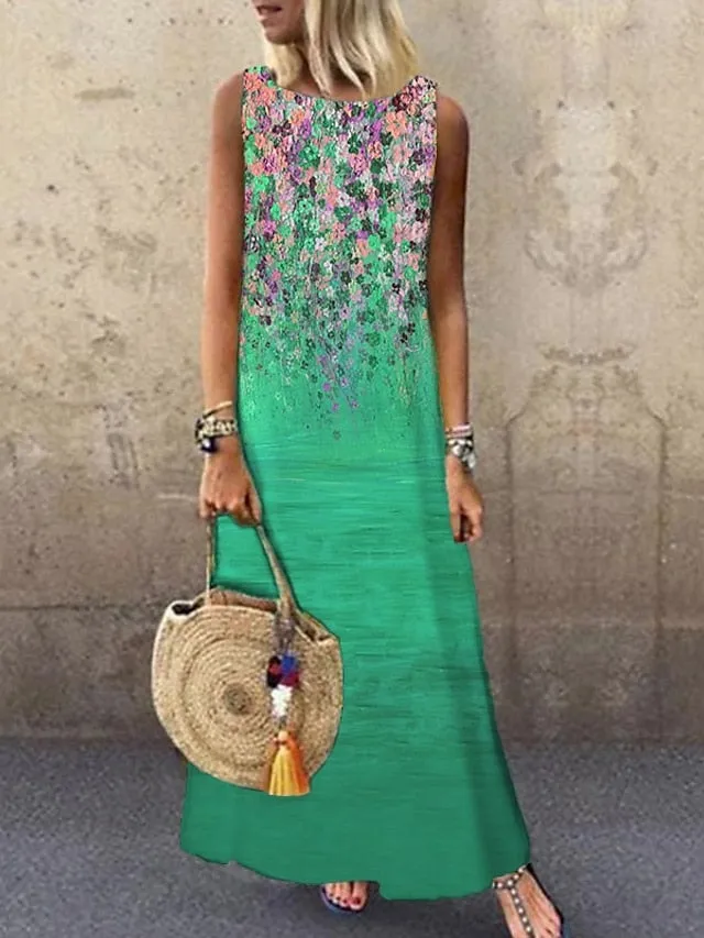 Casual Dress Shift Dress Floral Dress Long Dress Maxi Dress Light Green Blue Green Sleeveless Floral Print Spring Summer Crew Neck Basic Daily Weekend Summer Dress  S M L XL XXL 3XL for Women