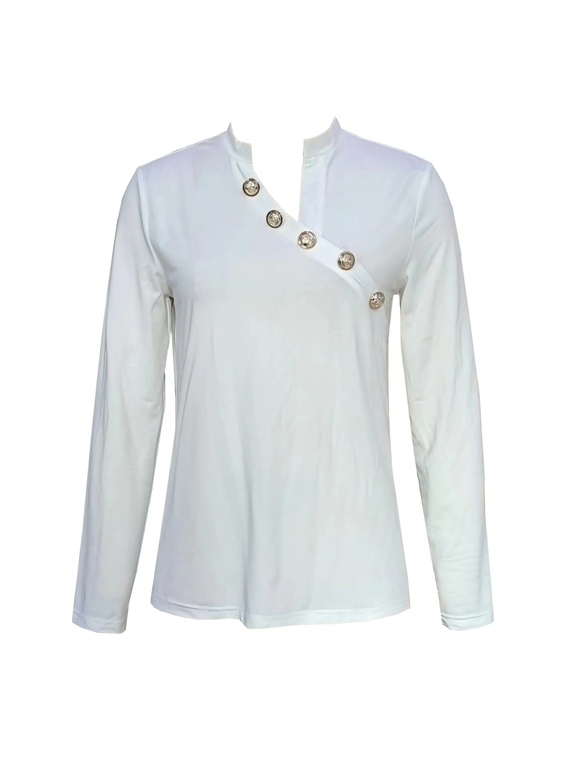 Casual Solid Stylish Button Asymmetrical Neck Long Sleeve Blouse