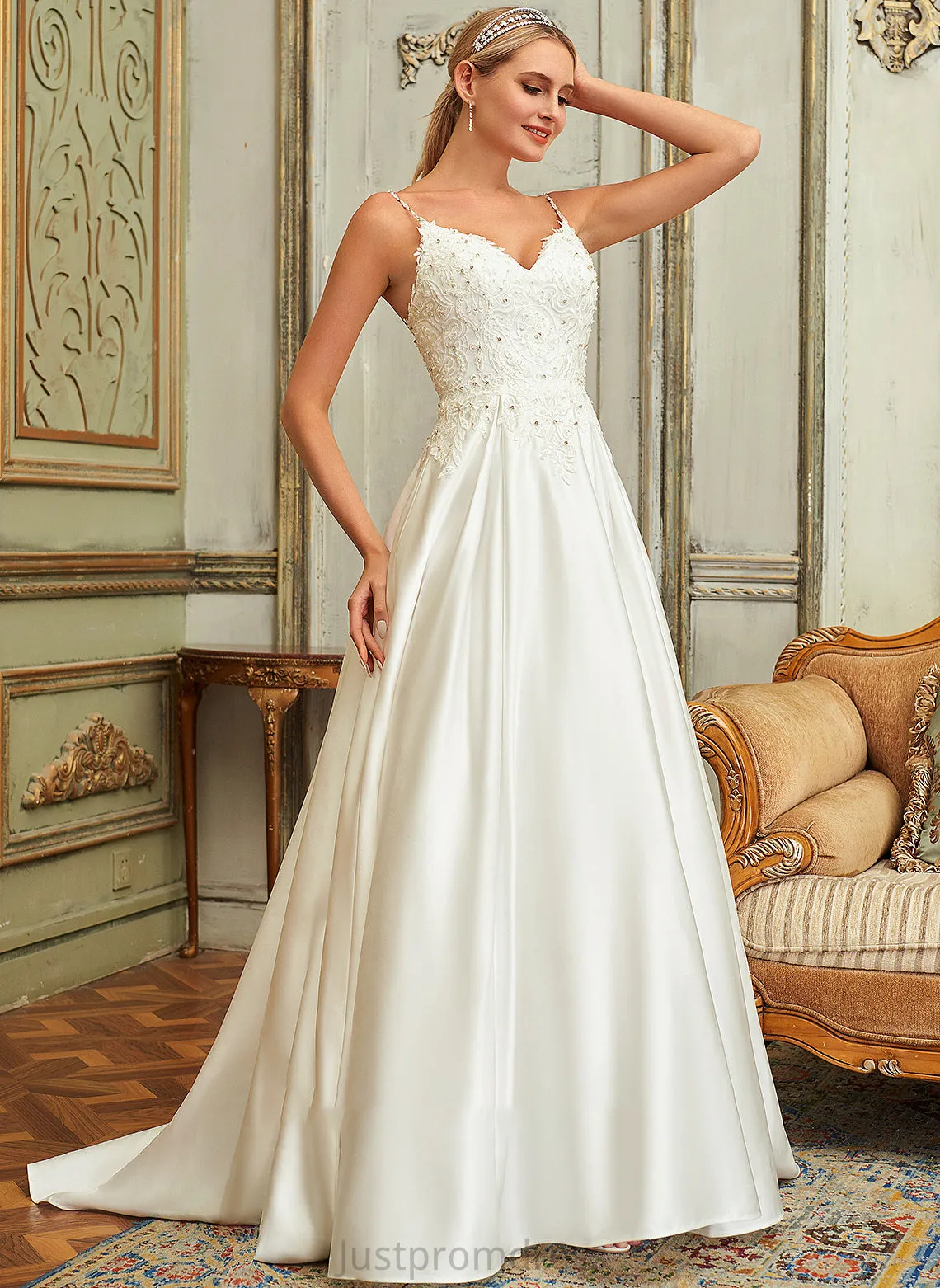 Dress Ball-Gown/Princess Sequins V-neck Pockets Sweep Train Satin Wedding Dresses Lace Jaidyn Wedding Lace With Beading