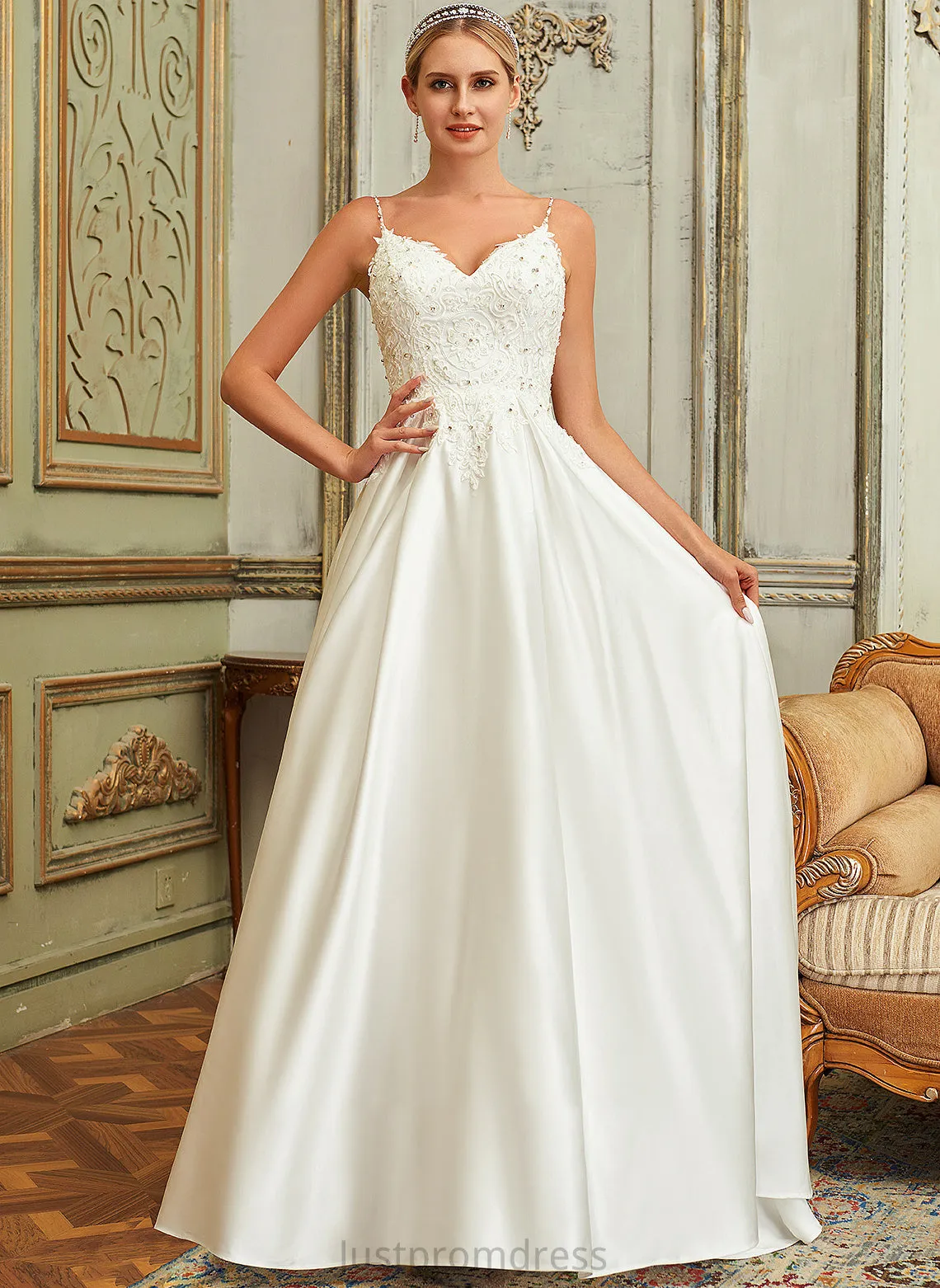 Dress Ball-Gown/Princess Sequins V-neck Pockets Sweep Train Satin Wedding Dresses Lace Jaidyn Wedding Lace With Beading