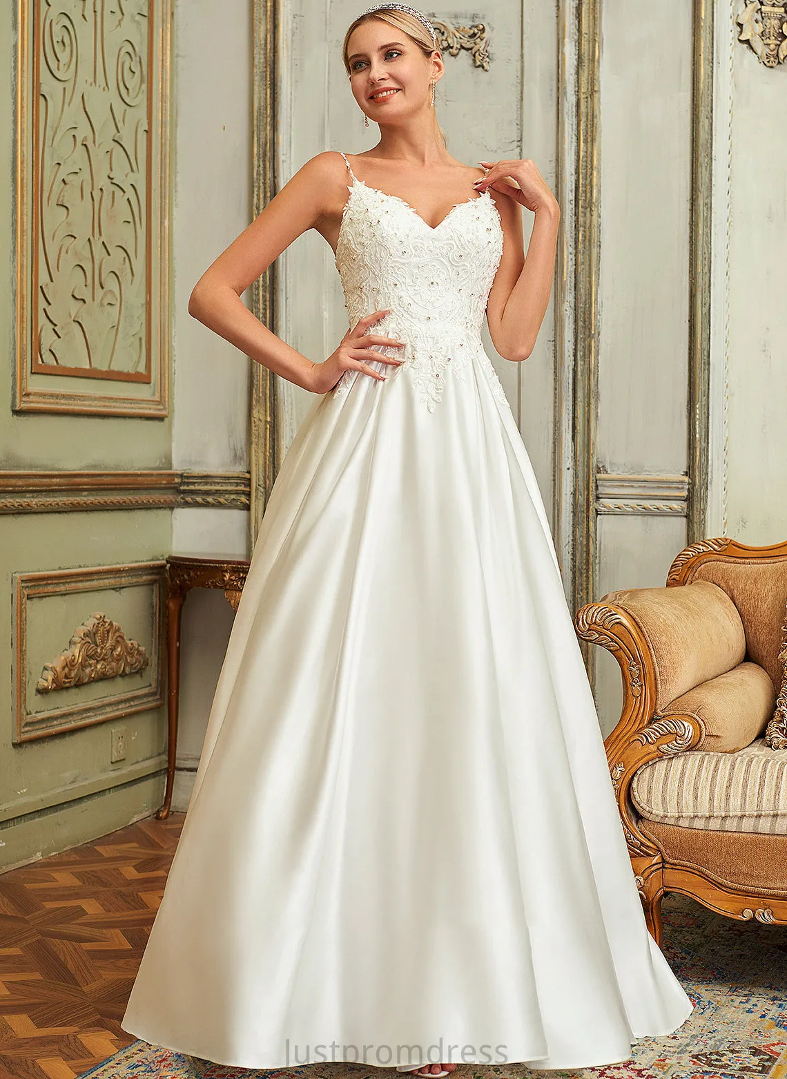 Dress Ball-Gown/Princess Sequins V-neck Pockets Sweep Train Satin Wedding Dresses Lace Jaidyn Wedding Lace With Beading